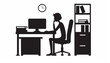 © Aimanmanzoor03 - Silhouette of a person working at a computer desk with a clock and bookshelf in the background design vector