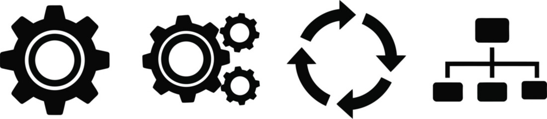 Business icons representing teamwork, process, workflow, and organizational structure concepts