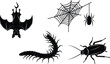 © Wajid - Spooky Halloween icons featuring a bat, spider, centipede, and cockroach with cobweb