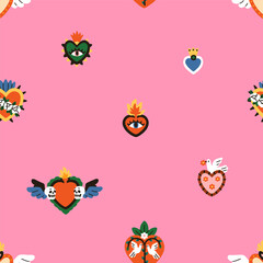 Wall Mural - mexican hearts, seamless pattern design. vintage sacred mexico love symbols, endless background, rep