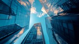 Looking up at skyscrapers in a modern city with a bright blue sky.