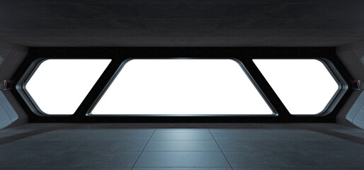 Wall Mural - Black spaceship interior with isolated cut out transparent window. Futuristic dark starship with glowing lights