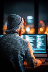 A coder working late at night on a computer with city lights in the background, illuminated by the screen