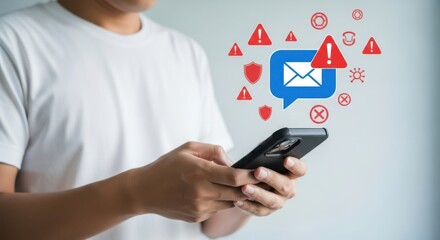 Man holding smartphone with digital notification and warning icons, concept of cybersecurity threat or alert