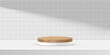 © backup16 - Round wooden podium on white background with ceramic tile wall. Minimal product display stage with natural wood texture, clean lighting and soft shadows. Abstract vector illustration.