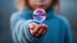 © NovaVision - A child's hand gently holds a shimmering, iridescent soap bubble with reflections.