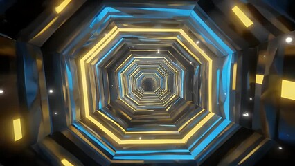 futuristic 4k looping animation of bright yellow blue polygonal tunnel with glowing lights creating high speed sci fi perspective ideal for vj backgrounds technology projects virtual