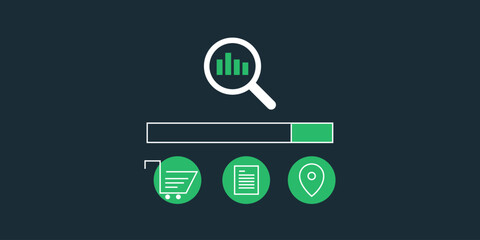 Wall Mural - Enhance search visibility of ecommerce cart, business location map and dynamic content under analytics SEO magnifier.