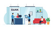© meeblues - Flat illustration of a modern bank interior with teller service, ATM machine, and waiting area, symbolizing financial services, customer support, savings, investment, and money management