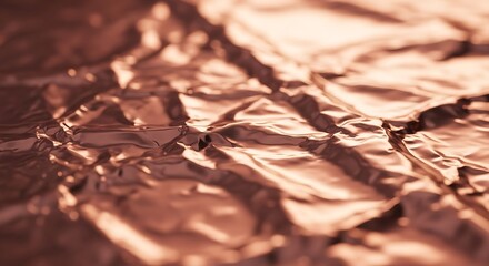 Closeup view of a crumpled metallic foil surface with intricate textures and light reflections, creating an abstract pattern