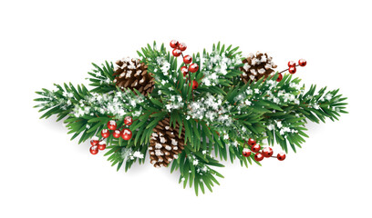 Wall Mural - Horizontal Christmas garland with snowy fir branches, pine cones, and holly berries. Festive design for winter banners, cards, invitations, and seasonal posters. Transparent background in vector file.