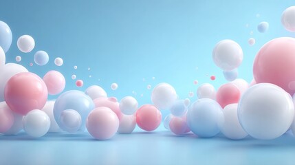 Colorful spherical objects floating on a light blue background