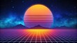© Sam - 80s retro style background with sun and mountains. Vector illustration.