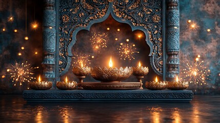 Ornate golden diyas with flickering flames and fireworks in ornate archway oil lamp candle