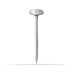 Close-up of a shiny metal nail standing upright on a white surface against a black background