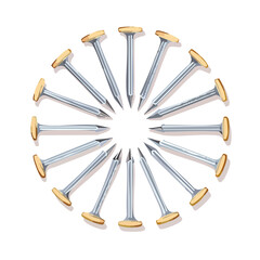 Metal nails arranged in a circular pattern construction carpentry and hardware industrial tool background sharp pointed object