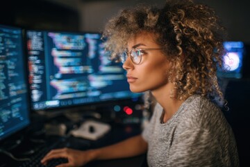Focused Young Woman Working At Computer With Multiple Screens