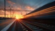 © TawfikStock - High speed train streaks past a station platform at sunset with dramatic fiery clouds and light trails