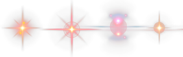Wall Mural - Set of Bright Red Glowing Star Light Rays with Lens Flare Effects Isolate On Transparent Background, cutout, png