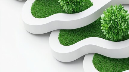Modern landscaping design with green plants and white architectural structures for background use