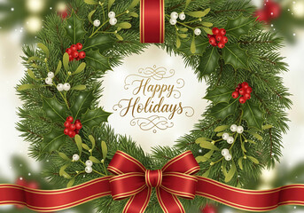 Wall Mural - A festive Christmas holiday wreath with a red bow and 
