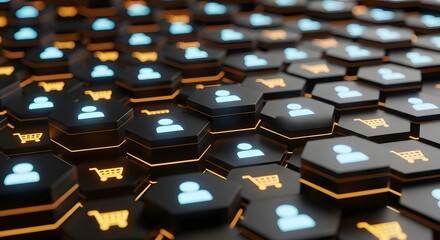 Hexagonal buttons with user and shopping cart icons, representing social media, ecommerce, and online networking in a futuristic design