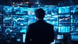 © dreamer - Silhouetted person watches dozens of glowing screens filled with stock charts, graphs and financial data in a dark trading control room.
