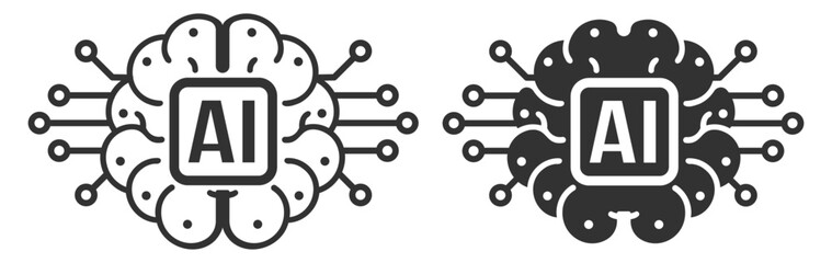 AI brain chip icon set, modern artificial intelligence technology symbol, machine learning vector design on transparent background