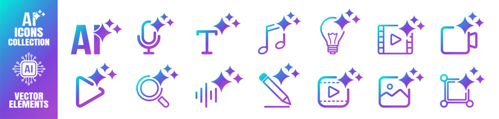 Generate AI icon set, artificial intelligence media buttons for image, video, audio and text, modern UI symbols for apps and websites on transparent background