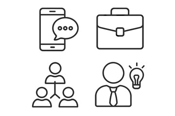 Business icons communication corporate teamwork. Team structure hierarchy. Innovation idea lightbulb. Mobile chat message. Briefcase portfolio. Vector outline symbols set isolated.