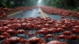 Crabs marching on a road