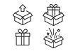 © Jane - Unboxing experience icon set, 4 outline linear vector symbols, gift box, surprise box, package opening, celebration, present unpacking, minimalist design vector illustration