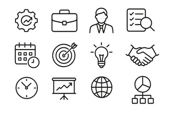Business and office line icon set. Productivity and management tools. Outline icons for strategy, analysis, goal, idea, growth, collaboration, and time management.