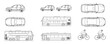 © MkJutt - Minimalist outline vector illustration of vehicles including cars, buses, and bicycles in CAD style outline drawing with top and side views for transportation and city planning design
