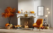 © itchaznong - Halloween decoration with pumpkins, fireplace, and autumn colors. 3D render illustration