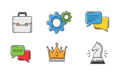 Business and communication icons with briefcase, gears, chat bubbles, crown, and chess knight