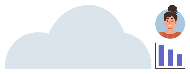 Cloud shape in pastel tones, user portrait icon, and bar chart suggesting data management, storage, and analysis. Ideal for technology, networking, analytics, security business growth app