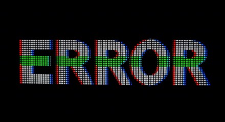 The word ERROR displayed on a digital screen with a glitch effect. Concept of system failure, computer problems, 404 page not found, or technical issues.