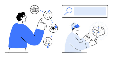 Wall Mural - Two characters interacting with sensory icons and virtual brain visualization. Ideal for technology, artificial intelligence, human senses, virtual reality, learning, innovation, simple landing page