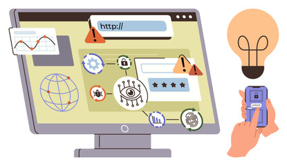 Monitor showing cybersecurity threats, warnings, password fields, data analytics, malware icons. Hands unlock phone, light bulb symbolizes ideas. Ideal for cybersecurity, hacking online safety