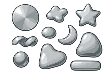 Vector set of glossy metallic shapes. Silver chrome liquid metal forms. Abstract 3D icons and buttons for web or UI design. Cartoon star, moon, heart, sphere and drop elements.