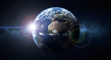 The planet Earth viewed from outer space with a bright sun flare. Represents global connection, environment, and space exploration.