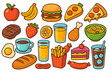 © GALA - Big set of food and drink icons. Cartoon vector illustration collection of fast food, fruits, meals and beverages. Hamburger, pizza, coffee, juice for menu design.