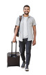 © kite_rin - Handsome happy man full length portrait isolated transparent PNG, Young joyful smiling student men walking with suitcase isolated transparency. Travel, tourism, summer holiday concept