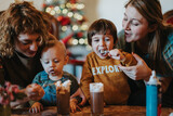 A heartwarming scene of a family bonding over hot cocoa during holiday celebrations with Christmas lights in the background, spreading warmth and joy.