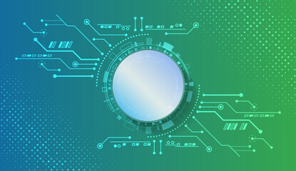 Wall Mural - Technological green background with digital circuits, glowing circle and gradient design. Ideal for innovative, scientific, medical and high-tech projects.