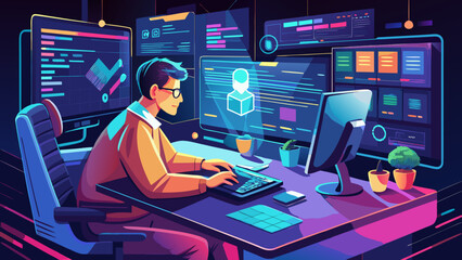 Programmer works within modern software company, glowing screens reflect lines of code, innovation breathes life, quiet concentration fuels creation, timeless vision of progress emerges from digital 