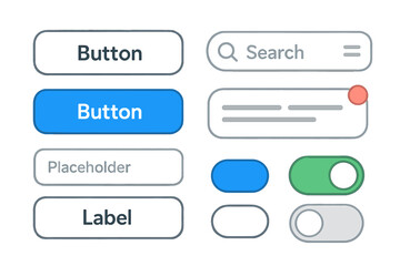 Modern UI kit with buttons, search bar, and toggle switches. User interface graphic elements for web and app design. Vector GUI for UX development or website mockup.