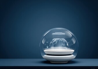 Wall Mural - A glass sphere displaying a stylized representation of a planet within, sits on a white pedestal