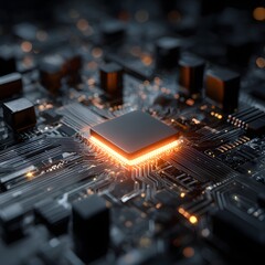 Artificial intelligence chip glowing inside a futuristic motherboard, macro close-up, 16:9